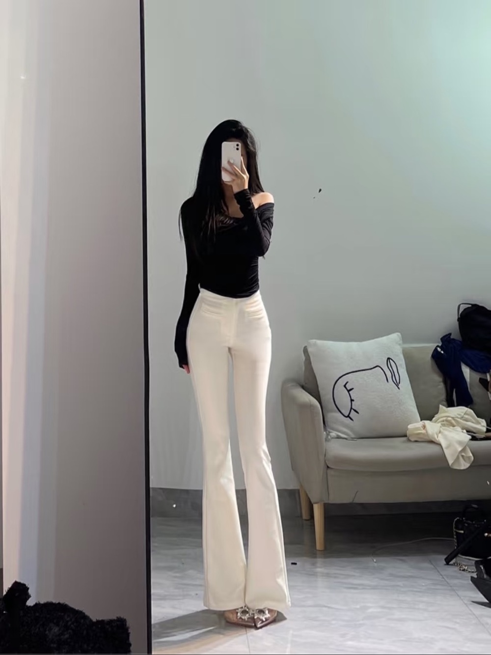 High-Waist Cream Flared Pants for Women